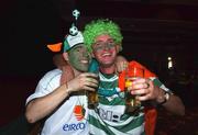 1 June 2002; Republic of Ireland supporters Ger O'Connor, left, and Stephen Conway, from Rathcoole, Co. Dublin, as they watch the FIFA World Cup 2002 Group E match between Republic of Ireland and Cameroon at the CityWest Hotel in Saggart, Dublin. Photo by Damien Eagers/Sportsfile