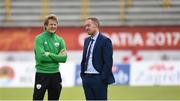 13 May 2017; Republic of Ireland manager Colin O'Brien, left, and England Manager Steven Cooper prior to the UEFA European U17 Championship Quarter-Final game between England and Republic of Ireland at SRC Velika Gorika Stadium in Velika Gorica, Croatia. Photo by Seb Daly/Sportsfile