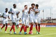 13 May 2017; Jadon Sancho of England celebrates after scoring his side's first goal with team mates during the UEFA European U17 Championship Quarter-Final game between England and Republic of Ireland at SRC Velika Gorika Stadium in Velika Gorica, Croatia. Photo by Seb Daly/Sportsfile