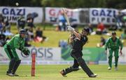 14 May 2017; George Worker of New Zealand hits a delivery from Tim Murtagh of Ireland during the One Day International match between Ireland and New Zealand at Malahide Cricket Club in Dublin. Photo by Brendan Moran/Sportsfile