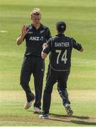 14 May 2017; Scott Kuggeleijn, left, of New Zealand celebrates with team-mate Mitchell Santner after taking the wicket of Paul Stirling of Ireland during the One Day International match between Ireland and New Zealand at Malahide Cricket Club in Dublin. Photo by Brendan Moran/Sportsfile