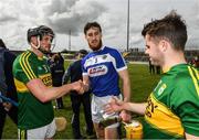 14 May 2017; Rory Horgan, left, and Jack Goulding of Kerry with Leigh Bergin of Laois after the Leinster GAA Hurling Senior Championship Qualifier Group Round 3 game between Kerry and Laois at Austin Stack Park in Tralee, Co Kerry. Photo by Ray McManus/Sportsfile