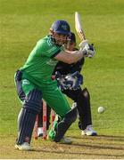 14 May 2017; Niall O'Brien of Ireland hits a single off a delivery by Mitchell Santner of New Zealand during the One Day International match between Ireland and New Zealand at Malahide Cricket Club in Dublin. Photo by Brendan Moran/Sportsfile