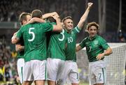 15 November 2011; Republic of Ireland's Stephen Ward, 3,  celebrates after scoring his side's first goal, after 32 minutes, with team-mates, from left, Glenn Whelan, Richard Dunne, Robbie Keane, and Stephen Hunt. UEFA EURO2012 Qualifying Play-off 2nd leg, Republic of Ireland v Estonia, Aviva Stadium, Lansdowne Road, Dublin. Picture credit: Pat Murphy / SPORTSFILE