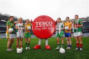 16 November 2011; The Tesco Ladies Football All Ireland Club Championships finals will take place over the course of the next two weekends as the top two club teams in the country at Senior, Intermediate and Junior level clash for the right to be crowned All Ireland champions. Pictured are, from left, Aherlow captain Aine Staunton, Co. Tipperary, Junior, Lisnaskea captain Aine Martin, Co. Roscommon, Intermediate, Stabannon captain Aine McGee, Co. Louth, Intermediate, Sperrin Og captain Maggie Gallagher, Co. Tyrone, Junior, and senior captains Lorraine O'Sullivan, Na Fianna, Dublin, and Fiona McHale, Carnacon, Co. Mayo. Croke Park, Dublin. Picture credit: Pat Murphy / SPORTSFILE