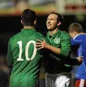 14 November 2011; Aidan White, Republic of Ireland, right, celebrates with Robbie Brady after scoring his side's second goal. UEFA Under-21 Championships Qualifier, Republic of Ireland v Liechtenstein, Showgrounds, Sligo. Picture credit: Oliver McVeigh / SPORTSFILE