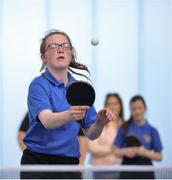 6 May 2017; Chloe Moore of Ramelton, Co Donegal, competing in the U16 and O13 Girl's Table Tennis during the Aldi Community Games May Festival 2017 at National Sports Campus, in Abbotstown, Dublin.  Photo by Sam Barnes/Sportsfile