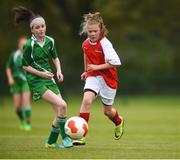 6 May 2017; Hannah Fagan, right, from Clonbroney Girls Football Team, Co Longford, in action against Eva Kelly from the Burrishoole Girls Football Club, Co Mayo, during their U12 Soccer 7 a Side match at the Aldi Community Games May Festival 2017 at National Sports Campus, in Abbotstown, Dublin.  Photo by Cody Glenn/Sportsfile