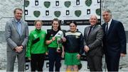 15 May 2017; Attendees, from left, Seamus Leahy, Fota Island Resort, Emma Barrett, Limerick County U14 captain, Aoife Bates, Kerry League U14 captain, Caoimhe Riordin, Limerick Desmond U14 captain, Dave Connell, Womens Emerging Talent National Coordinator / U19s Head Coach, and John Delaney, FAI Chief Executive, during the Fota Island Resort Gaynor Cup launch at the Lord Mayor's Office in Limerick. Photo by Piaras Ó Mídheach/Sportsfile