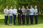 16 May 2017; Leinster players, from left, Peter Dooley, Rory O'Loughlin, Ross Byrne, Nick McCarthy, Ross Molony, Adam Byrne, Tom Daly and Peadar Timmins at The Leinster Rugby Academy Graduation. Milltown Golf Club, Dublin. Photo by Matt Browne/Sportsfile