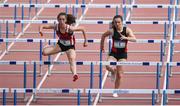 17 May 2017; Laura Gallagher of Alexandra College, left, leads Lily O'Connor of Scoil Mhuire, on her way to winning the Junior Girls 75m Hurdles during the Irish Life Health Leinster Schools Track and Field Day 1 at Morton Stadium in Santry, Dublin. Photo by David Fitzgerald/Sportsfile