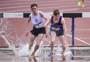 17 May 2017; Eventual winner Brian Fay of Belvedere, left, leads eventual second Philip Marron of Ratoath College in the Senior Boys 2000m Steeplechase during the Irish Life Health Leinster Schools Track and Field Day 1 at Morton Stadium in Santry, Dublin. Photo by David Fitzgerald/Sportsfile