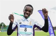 17 May 2017; Rayhan Issah of Terenure College celebrates after winning the Junior Boys 100m  during the Irish Life Health Leinster Schools Track and Field Day 1 at Morton Stadium in Santry, Dublin. Photo by David Fitzgerald/Sportsfile