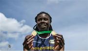 17 May 2017; Rhasidat Adeleke of Presentation Terenure pictured with her Junior girls 100m and 200m winning medals during the Irish Life Health Leinster Schools Track and Field Day 1 at Morton Stadium in Santry, Dublin. Photo by David Fitzgerald/Sportsfile