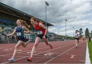 17 May 2017; Athletes from St. Mary's New Ross, left, and Holy Child Killiney battle to finish second in the U16 Girls 4x300 Relay rce during the Irish Life Health Leinster Schools Track and Field Day 1 at Morton Stadium in Santry, Dublin. Photo by David Fitzgerald/Sportsfile