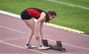17 May 2017; Olivia Gonsalves of Scoil Mhuire sets up her starting block ahead of the U16 Girls 200m race during the Irish Life Health Leinster Schools Track and Field Day 1 at Morton Stadium in Santry, Dublin. Photo by David Fitzgerald/Sportsfile