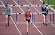 17 May 2017; Katelyn Farrelly of Oaklands College, centre, on her way to winning the Minor Girls 75m hurdles race during the Irish Life Health Leinster Schools Track and Field Day 1 at Morton Stadium in Santry, Dublin. Photo by David Fitzgerald/Sportsfile