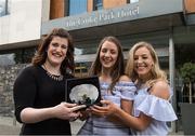 18 May 2017; Michelle Farrell of Longford Ladies Gaelic Football, and her friend Rebecca Gibson, right, are presented with The Croke Park Hotel & LGFA Player of the Month for April by Caroline Millar, left, sales executive for The Croke Park Hotel, Dublin. Photo by Ray McManus/Sportsfile