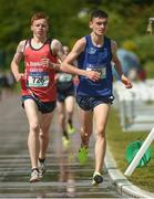 18 May 2017; Keelan Kilrehill, right, from Coláiste Iascaigh, leads eventual second place finisher Ben Ryan, from St Raphael's College, Galway, on his way to winning the Intermediate Boys 3000 meters event during the Irish Life Health Connacht Schools Track and Field Championships at A.I.T, Athlone, in Co. Westmeath. Photo by Cody Glenn/Sportsfile