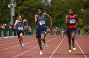 18 May 2017; Ben Edeh, centre, from St Gerald's College, Mayo, on his way to winning the Intermediate Boys 100 meter event ahead of Niall Sheeran, left, from Carrick-On-Shannon Community School, Leitrim, and Francely Lomboto, right, from St Mary's College, Galway, during the Irish Life Health Connacht Schools Track and Field Championships at A.I.T, Athlone, in Co. Westmeath. Photo by Cody Glenn/Sportsfile