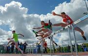 18 May 2017; Athletes clear the first hurdle in the Junior Boys Hurdle event during the Irish Life Health Connacht Schools Track and Field Championships at A.I.T, Athlone, in Co. Westmeath. Photo by Cody Glenn/Sportsfile