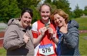 18 May 2017; Sheena Gallagher, from St Joseph's Secondary School, Mayo, celebrates winning the Junior Girls Shot Put event with her mother Mairead Gallagher, and teacher Breege Blehein McHale, during the Irish Life Health Connacht Schools Track and Field Championships at A.I.T, Athlone, in Co. Westmeath. Photo by Cody Glenn/Sportsfile