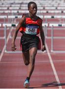 18 May 2017; Hassan Diarrassouba, from St Mary's College, Galway, celebrates winning the Minor Boys 75 meters hurdle event during the Irish Life Health Connacht Schools Track and Field Championships at A.I.T, Athlone, in Co. Westmeath. Photo by Cody Glenn/Sportsfile