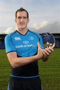 17 November 2011; Leinster's Devin Toner has been voted the Bank of Ireland Leinster Rugby Player of the Month for September / October. There were 7 games in the period for supporters to select their Player of the Month from, including an interprovincial clash with Connacht, and some tough encounters, home and away against PRO12 opponents. Pictured is Devin Toner receiving the award, Donnybrook Stadium, Donnybrook, Dublin. Picture credit: Brian Lawless / SPORTSFILE