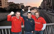 18 November 2011; Munster supporters, from left to right, Brian Ginn, Kevin Ginn, and Colin Menzies, from Carrigtwohill, Co. Cork, in Toulouse ahead of their side's Heineken Cup, Pool 1, Round 2, match against Castres Olympique on Saturday. Toulouse, France. Picture credit: Diarmuid Greene / SPORTSFILE