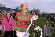 20 November 2011; Lisnaskea captain Aine Martin celebrates with the cup after the game. Tesco All-Ireland Intermediate Ladies Football Club Championship Final, Lisnaskea v Stabannon, St. Mary’s Park, Scotstown, Monaghan. Photo by Sportsfile