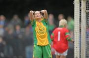 20 November 2011; Tara Lynch, Stabannon, reacts after a missed chance on goal. Tesco All-Ireland Intermediate Ladies Football Club Championship Final, Lisnaskea v Stabannon, St. Mary’s Park, Scotstown, Monaghan. Photo by Sportsfile