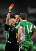 20 November 2011; Referee Barry Cassidy issues Eoin McCartan, Burren St Marys, with a red card late in the game. AIB Ulster GAA Football Senior Club Championship Semi-Final, Latton O’Rahilly’s, Monaghan v Burren St Marys, Down, Morgan Athletic Grounds, Armagh. Picture credit: Oliver McVeigh / SPORTSFILE