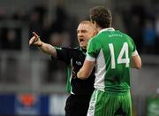 20 November 2011; Referee Barry Cassidy about to issue Eoin McCartan, Burren St Marys, with a red card. AIB Ulster GAA Football Senior Club Championship Semi-Final, Latton O’Rahilly’s, Monaghan v Burren St Marys, Down, Morgan Athletic Grounds, Armagh. Picture credit: Oliver McVeigh / SPORTSFILE
