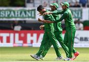 19 May 2017; Sunzamul Islam of Bangladesh, second from left, is congratulated by team-mates after claiming the wicket of Ed Joyce of Ireland during the One Day International match between Ireland and Bangladesh at Malahide Cricket Club in Dublin. Photo by Sam Barnes/Sportsfile