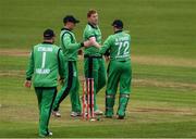 19 May 2017; Kevin O’Brien of Ireland, second from right, is congratulated by team mates, including Niall O'Brien of Ireland who took the catch to claim the wicket of Tamim Iqbal of Bangladesh during the One Day International match between Ireland and Bangladesh at Malahide Cricket Club in Dublin. Photo by Sam Barnes/Sportsfile