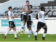 19 May 2017; Dinny Corcoran, second from right, of Bohemians celebrates after scoring his side's first goal with teammate Oscar Brennan during the SSE Airtricity League Premier Division match between Bray Wanderers and Bohemians at the Carlisle Grounds in Bray, Co Wicklow. Photo by David Maher/Sportsfile