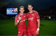 19 May 2017; Liam Williams, left, and Aaron Shingler of Scarlets celebrate following the Guinness PRO12 Semi-Final match between Leinster and Scarlets at the RDS Arena in Dublin. Photo by Ramsey Cardy/Sportsfile