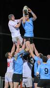 18 November 2011; Shane Grannell, UCD, wins possession in the lineout against Colin McDonnell, Trinity College. Annual Colours Match, UCD v Trinity College, Donnybrook Stadium, Donnybrook, Dublin. Picture credit: Matt Browne / SPORTSFILE