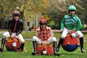 21 November 2011; Top jump Jockey Davy Russell, centre, was today unveiled as HRI's 2011/12 National Hunt Ambassador pictured with his weighroom colleagues David Casey, right, and Andrew McNamara. St. Stephen's Green, Dublin. Picture credit: David Maher / SPORTSFILE