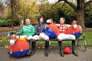 21 November 2011; Top jump Jockey Davy Russell, right, was today unveiled as HRI's 2011/12 National Hunt Ambassador pictured with his weighroom colleagues David Casey, left, and Andrew McNamara. St. Stephen's Green, Dublin. Picture credit: David Maher / SPORTSFILE