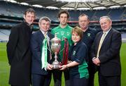 21 November 2011; Martin Tynan, Maple Hotel, with from left to right, Chairman of the Leinster Council Martin Skelly, Coolderry player Cathal Parlon, Mary Hanley, Coolderry Club Secetary, Coleman Hogan, Coolderry Club Chairman and J.J. Walsh, Leinster PRO, at an AIB Leinster GAA Hurling Senior Championship Final launch. Croke Park, Dublin. Photo by Sportsfile