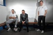 21 November 2011; Manager of the PFAI League of Ireland team Trevor Croly, centre, with players, Christy Fagan, left, and Simon Madden after a press conference, where it was announced that the PFAI are running a training camp for out of work professional players in the League of Ireland in preparation for the FIFPro Tournament in Oslo, Norway, on Friday the 16th of December. AUL Complex, Clonshaugh, Dublin. Picture credit: David Maher / SPORTSFILE