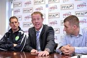 21 November 2011; Stephen McGuinness, PFAI General Secretary, centre, alongside PFAI League of Ireland team manager Trevor Croly, right, and goalkeeping coach Gary Rogers during a press conference, where it was announced that the PFAI are running a training camp for out of work professional players in the League of Ireland in preparation for the FIFPro Tournament in Oslo, Norway, on Friday the 16th of December. AUL Complex, Clonshaugh, Dublin. Picture credit: David Maher / SPORTSFILE