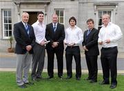 23 November 2011; Leinster Rugby are delighted to announce this year's graduates from the HETAC, Higher Education and Training Awards Council, programme for 2011. Pictured after receiving their Diplomas in Professional Rugby are Eamonn Sheridan, second from left, Ian McKinley and Tom Sexton, right, with, from left, Chairman of the Leinster Academy Frank Sowman, Academy Manager Colin McEntee and Leinster Chief Executive Michael Dawson. The quartet follow in the footsteps of Fionn Carr, Matthew D'Arcy, Felix Jones, Ross McCarron, Conor McInerney, Kevin McLaughlin, Shane Monahan, Sean O'Brien, James Power, Jonathan Sexton, Richie Sweeney, Devin Toner, Kyle Tonetti and Cillian Willis who have all graduated from the same programme in recent years. Overseen by Academy Manager Colin McEntee in conjunction with Caroline Keane, Academy Administrator, and Tom Turner, Academy Fitness Coach, the programme encompasses a three-year supplementary course in modules such as Rugby Technical, Tactical, Generic, Fitness, Lifestyle, Media and Psychological skills. Leinster Rugby would also like to acknowledge the continued support of those conducting the modules over the course of the diploma ranging from Leinster and IRFU staff together with outside professionals specific to each module. Special thanks to the support team of Girvan Dempsey, Wayne Mitchell and John Fogarty, Elite Player Development Officers, and also Dave Fagan, Sami Dowling and Bryan Cullen, Age Grade Strength and Conditioning Coaches, for their hard work. Leinster Rugby Announce 2011 Hetac Graduates, RDS, Ballsbridge, Dublin. Picture credit: Matt Browne / SPORTSFILE