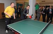 22 November 2011; Phillip Patton, Special Olympics club, Banbridge, Co. Down, with Health Minister Edwin Poots, during a Table tennis game at the announcement of a four year cross departmental funding package worth £2.296m for Special Olympics Ulster. Five government departments - Department of Culture, Arts and Leisure, Department of Health, Social Services and Public Safety, Department of Education, Department of Social Development and The Office of First Minister and Deputy First Minister have come together to agree the significant funding package, which will be delivered through Sport Northern Ireland over the next four years. The Pavilion, Stormont, Belfast, Co. Antrim. Picture credit: Oliver McVeigh / SPORTSFILE