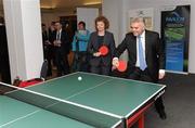 22 November 2011; Sports Minister Carál Ní Chulilín and Junior Minister Jonathan Bell (OFMDFM), during a Table tennis game at the announcement of a four year cross departmental funding package worth £2.296m for Special Olympics Ulster. Five government departments - Department of Culture, Arts and Leisure, Department of Health, Social Services and Public Safety, Department of Education, Department of Social Development and The Office of First Minister and Deputy First Minister have come together to agree the significant funding package, which will be delivered through Sport Northern Ireland over the next four years. The Pavilion, Stormont, Belfast, Co. Antrim. Picture credit: Oliver McVeigh / SPORTSFILE