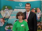 22 November 2011; Sarah Louise McKenzie, Special Olympics athlete, from Lisburn, with Health Minister Edwin Poots at the announcement of a four year cross departmental funding package worth £2.296m for Special Olympics Ulster. Five government departments - Department of Culture, Arts and Leisure, Department of Health, Social Services and Public Safety, Department of Education, Department of Social Development and The Office of First Minister and Deputy First Minister have come together to agree the significant funding package, which will be delivered through Sport Northern Ireland over the next four years. The Pavilion, Stormont, Belfast, Co. Antrim. Picture credit: Oliver McVeigh / SPORTSFILE