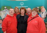 22 November 2011; Sports Minister Carál Ní Chulilín, centre, with members of Red Socs Special Olympic club, Larne, Co. Antrim, from left, Brian Tyrrell, Phlis Gilliland, David Craig and Linzi Craig at the announcement of a four year cross departmental funding package worth £2.296m for Special Olympics Ulster. Five government departments - Department of Culture, Arts and Leisure, Department of Health, Social Services and Public Safety, Department of Education, Department of Social Development and The Office of First Minister and Deputy First Minister have come together to agree the significant funding package, which will be delivered through Sport Northern Ireland over the next four years. The Pavilion, Stormont, Belfast, Co. Antrim. Picture credit: Oliver McVeigh / SPORTSFILE