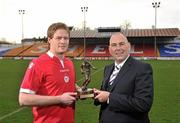 23 November 2011; Shelbourne's Stephen Paisley, left, is presented with the Airtricity / SWAI Player of the Month Award for November 2011 by Jason Cooke, Head of Communications with Airtricity. Tolka Park, Dublin. Picture credit: David Maher / SPORTSFILE