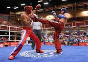 23 November 2011; Brian Brosnan, right, from Galway, in action against Echis Saryglar, from Russia, during their 71kg Full Contact bout. 2011 WAKO World Kickboxing Championships, Citywest Conference Centre, Saggart, Dublin. Picture credit: Matt Browne / SPORTSFILE